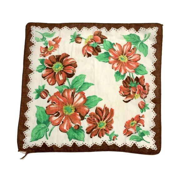 Pink Orange Large Floral Handkerchief Cottage Core Granny Vintage READ - Picture 4 of 4